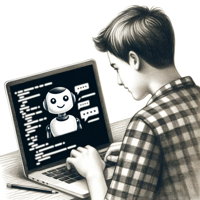 Student, der einen Chatbot programmiert.